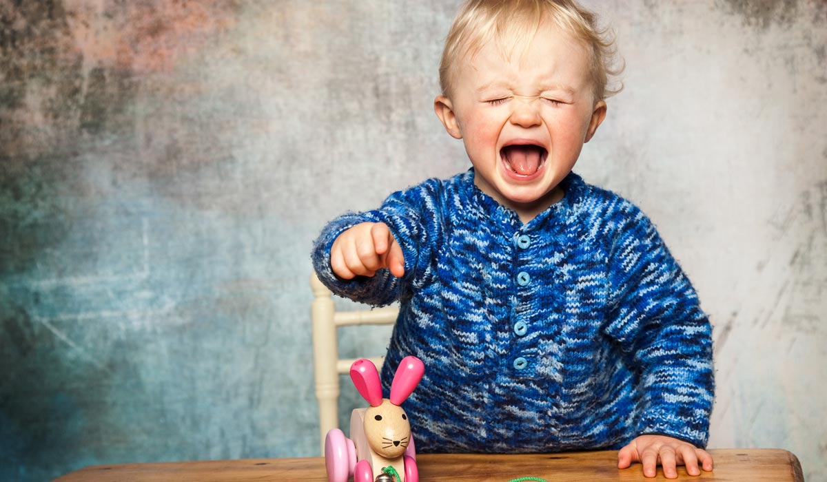 mon-enfant-fait-des-caprices Bambin en pull bleu fait des caprices, pleurant à table avec un lapin rose en peluche sur roues.