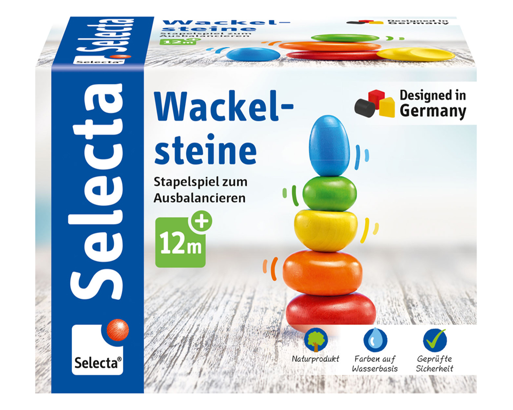 61028_Rolina_FS08_09_2019 Boîte de Selecta Wackelsteine, un jeu coloré à empiler en équilibre pour les 12 mois et plus, fabriqué en Allemagne.