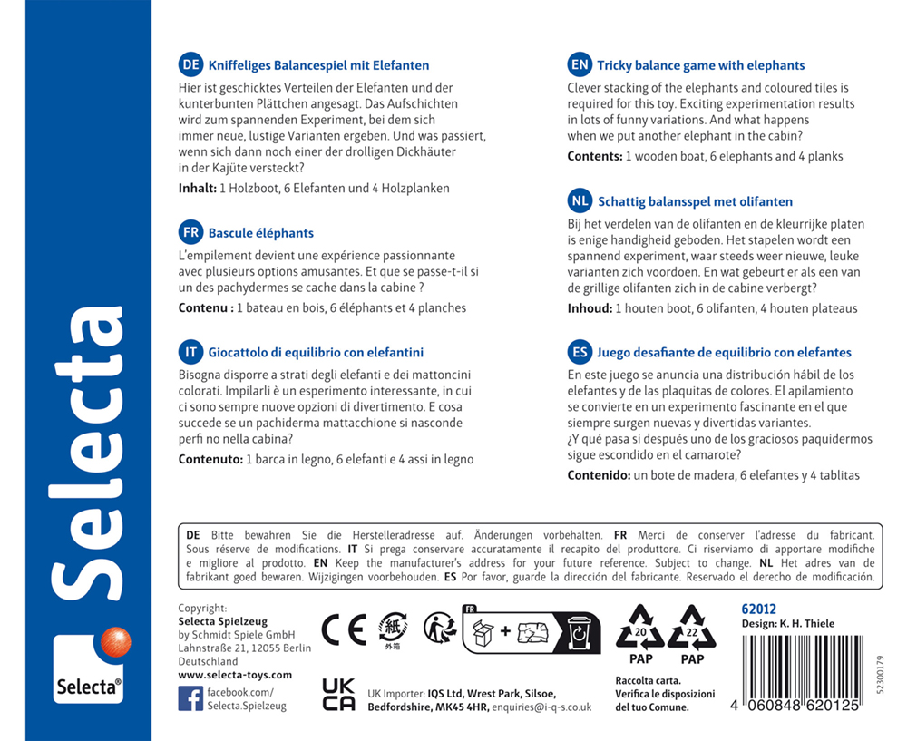 Emballage du produit avec informations multilingues pour Selecta's wooden elephant, a jeu d'équilibre délicat.