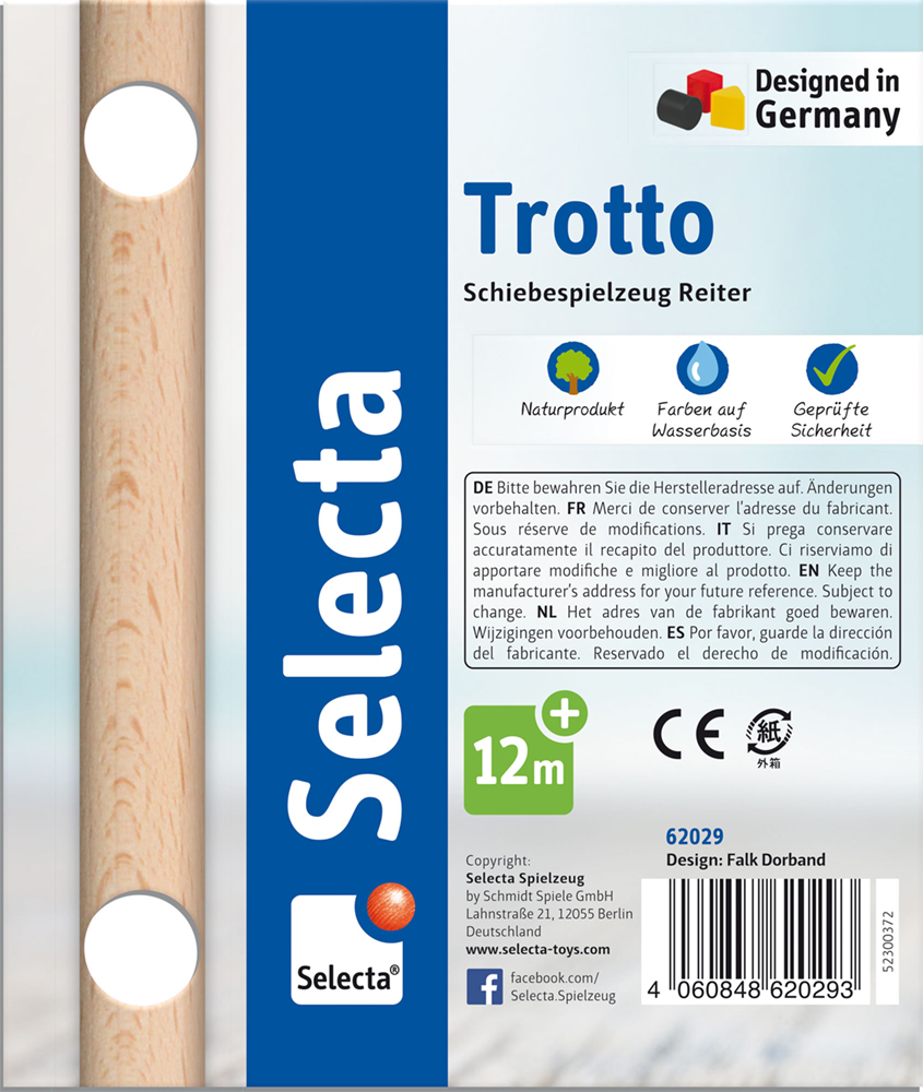 Emballage du produit Selecta Trotto cavalier à pousser, conçu pour les enfants de 12 mois et plus.