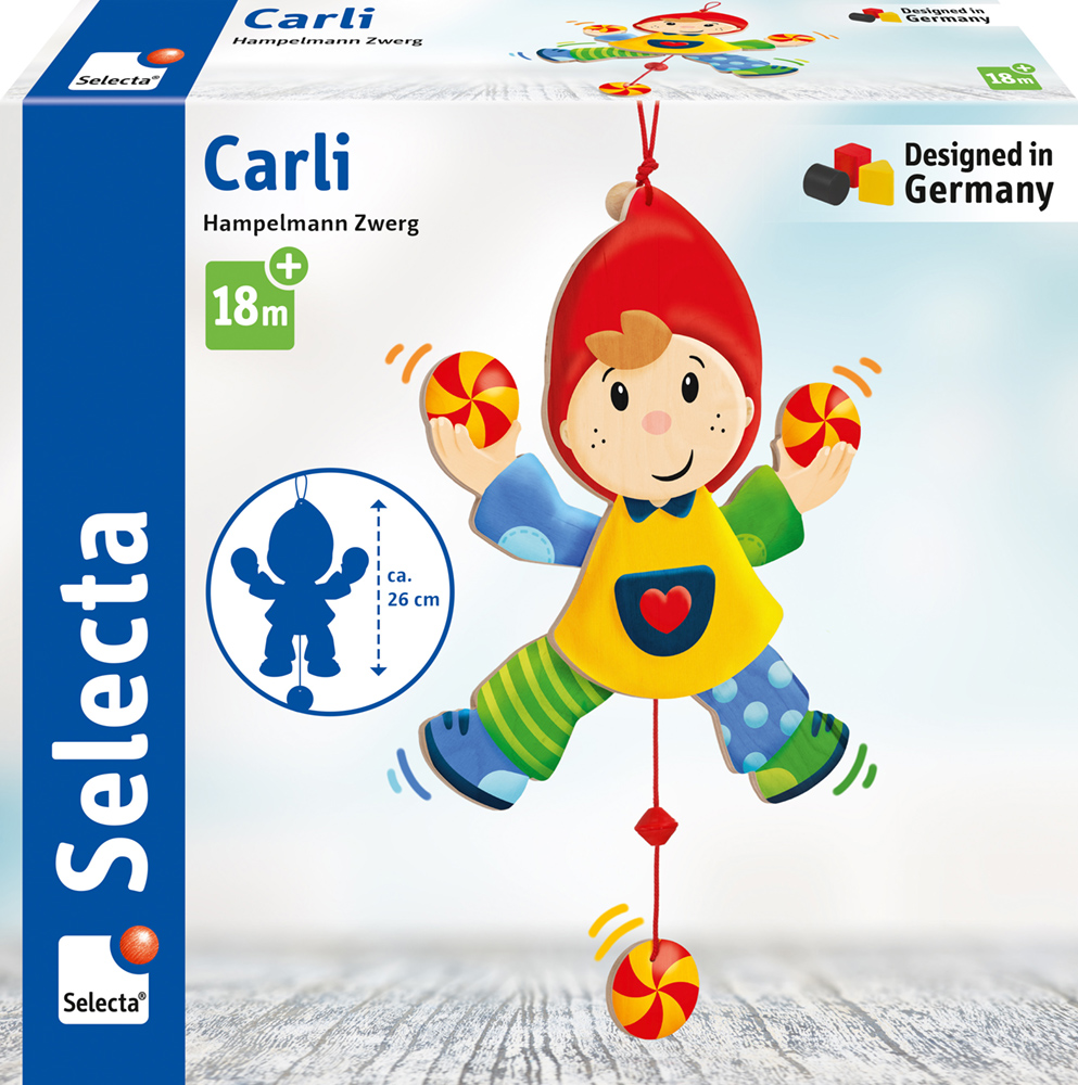 Boîte contenant le jouet en bois « Carli » (le pantin Nain) de la marque Selecta, représentant un lutin coloré aux mains qui tournent.