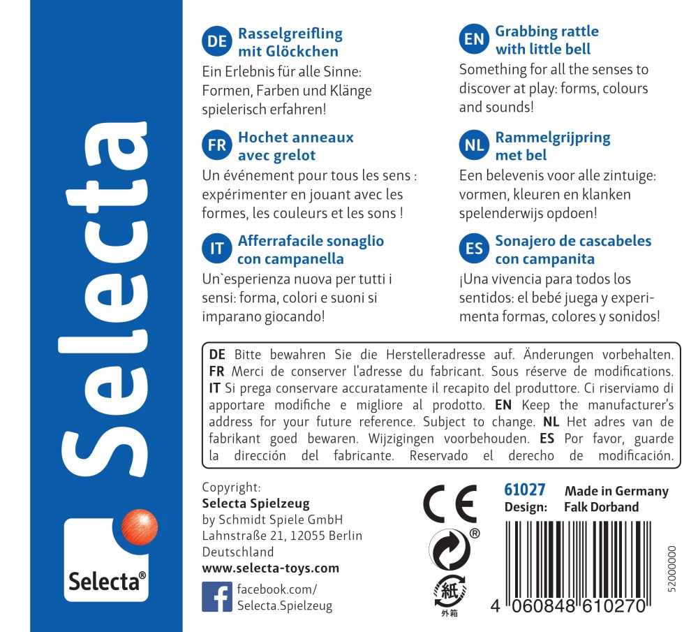 Une étiquette de produit pour Selecta Spielzeug : « Hochet avec grelot invisible », avec des descriptions et des détails en plusieurs langues.
