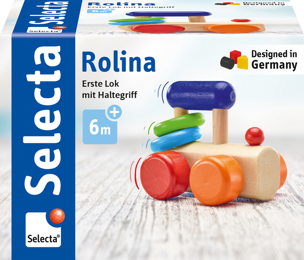 Coffret de petits trains en bois Selecta Rolina, comprenant une première locomotive avec poignée, à partir de 6 mois, conçu en Allemagne.