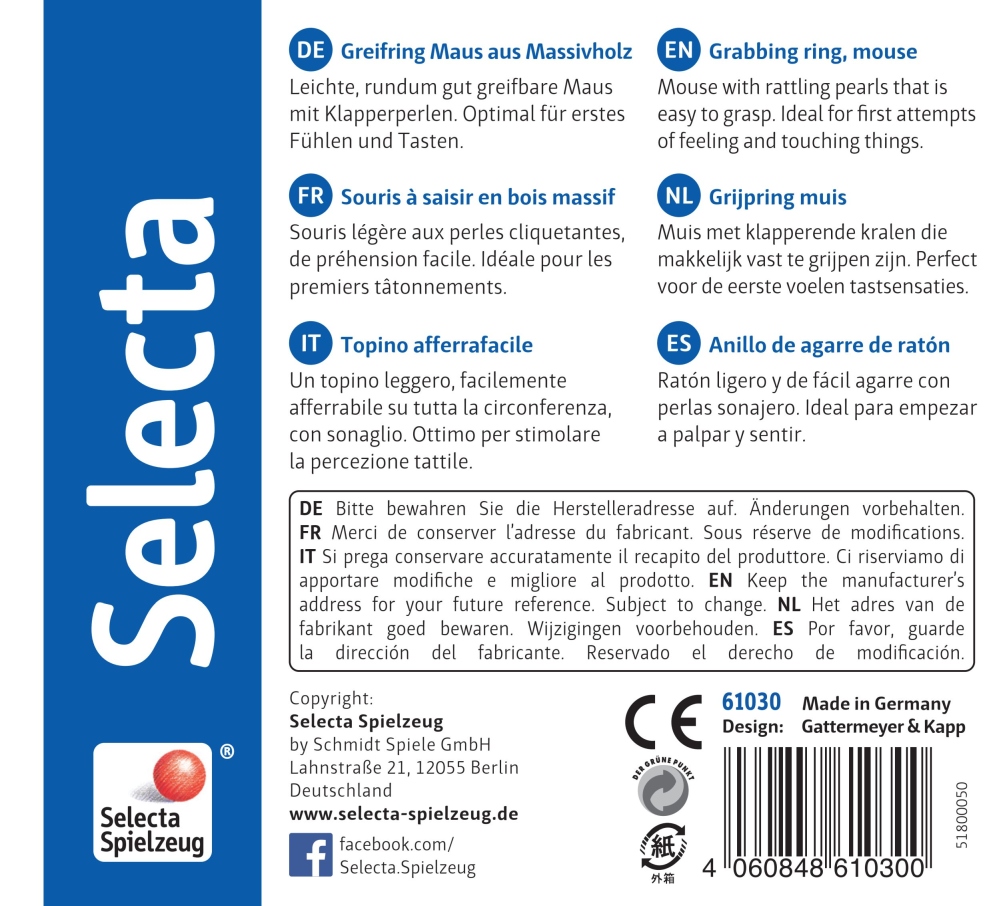 Emballage du jouet « Hochet souris en bois massif » de la marque Selecta, comportant un texte en cinq langues et un code-barres.