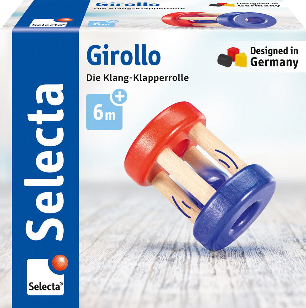 Boîte contenant un hochet pour bébé rouge et bleu, « Le rouleau sonore », portant la mention « Girollo » et destiné aux enfants à partir de 6 mois, de la marque Selecta.