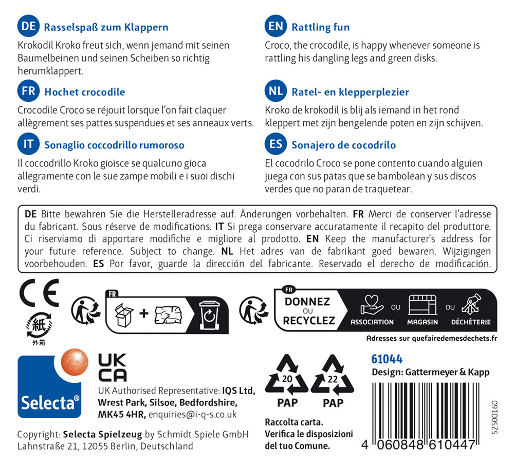 L'emballage du jouet comporte des instructions multilingues pour le « Hochet à faire claquer crocodile » de Selecta Spielzeug.