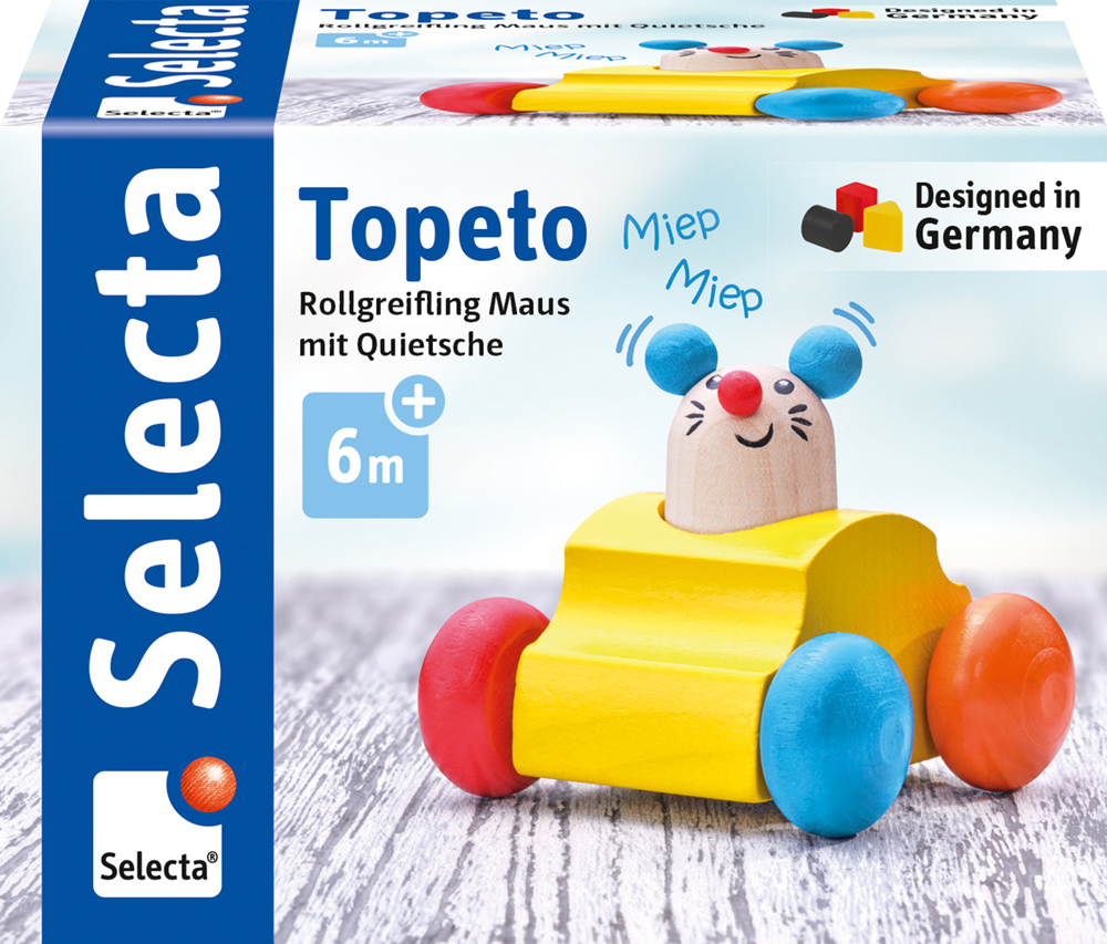Hochet roulant en forme de souris avec couinement, à suivre à quatre pattes, bleu et jaune, dans une boîte Topeto.