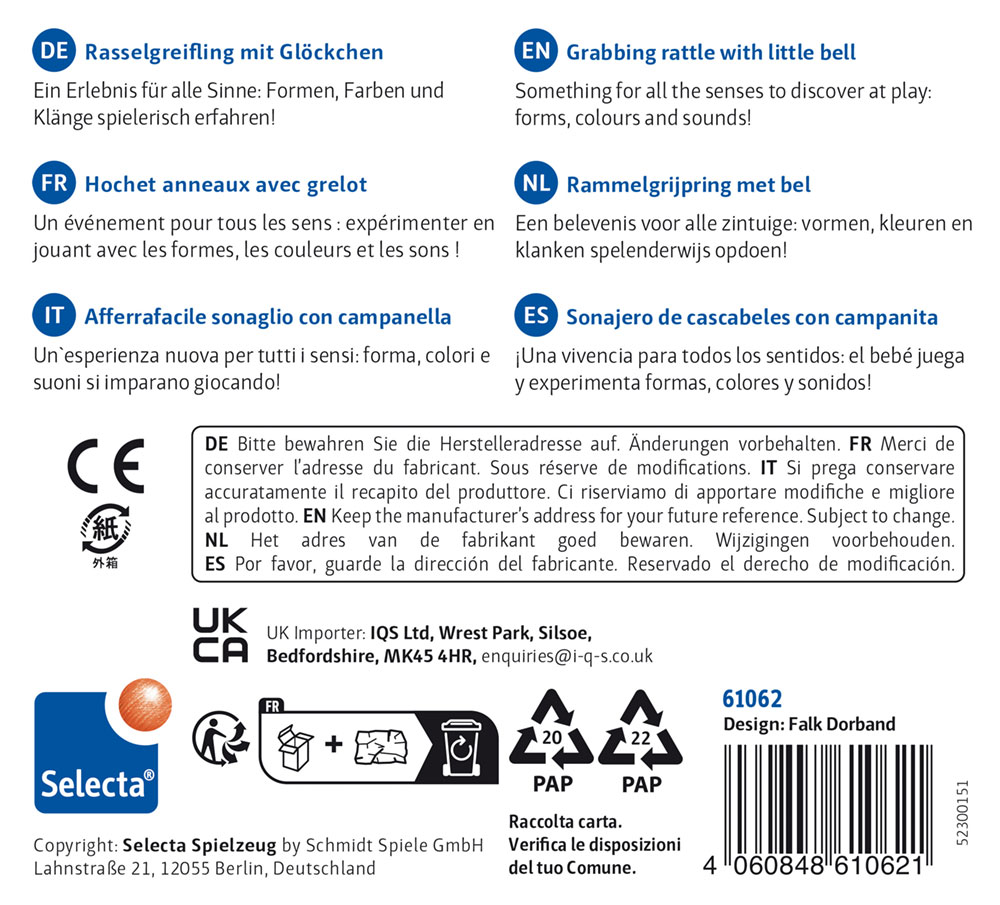 Emballage du jouet Selecta : hochet avec grelot invisible, cinq langues, informations sur le produit, code-barres et icônes des réseaux sociaux.