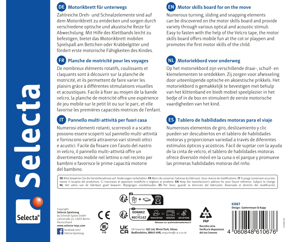 Emballage de produit comportant des descriptions multilingues pour un tableau d'activités de motricité destiné aux enfants, de la marque Selecta.