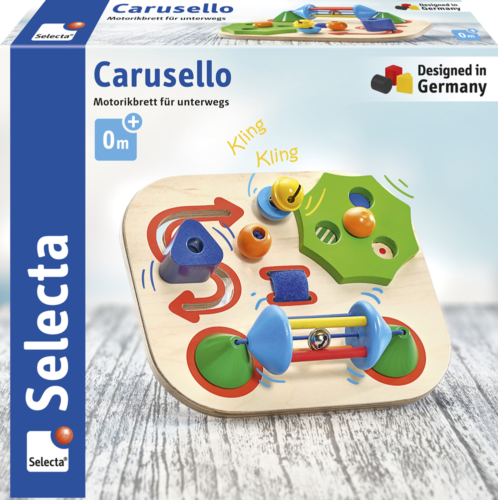 Boîte de « Selecta Carusello », un jouet favorisant la motricité des tout-petits grâce à ses formes colorées, destiné aux enfants à partir de 0 mois.