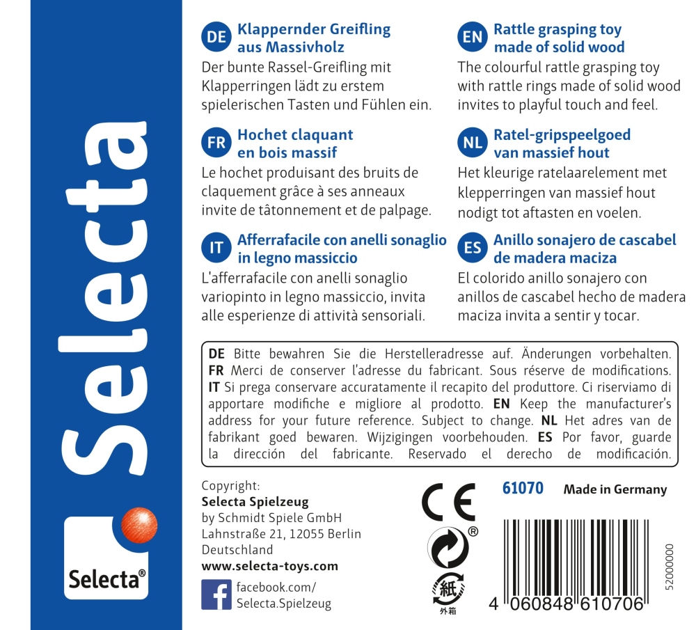 61070_ringellino-jouets-en-bois-p-bottom Étiquette du produit « Selecta Ringellino » (hochet en bois), texte en allemand, français, italien, anglais, espagnol et néerlandais.