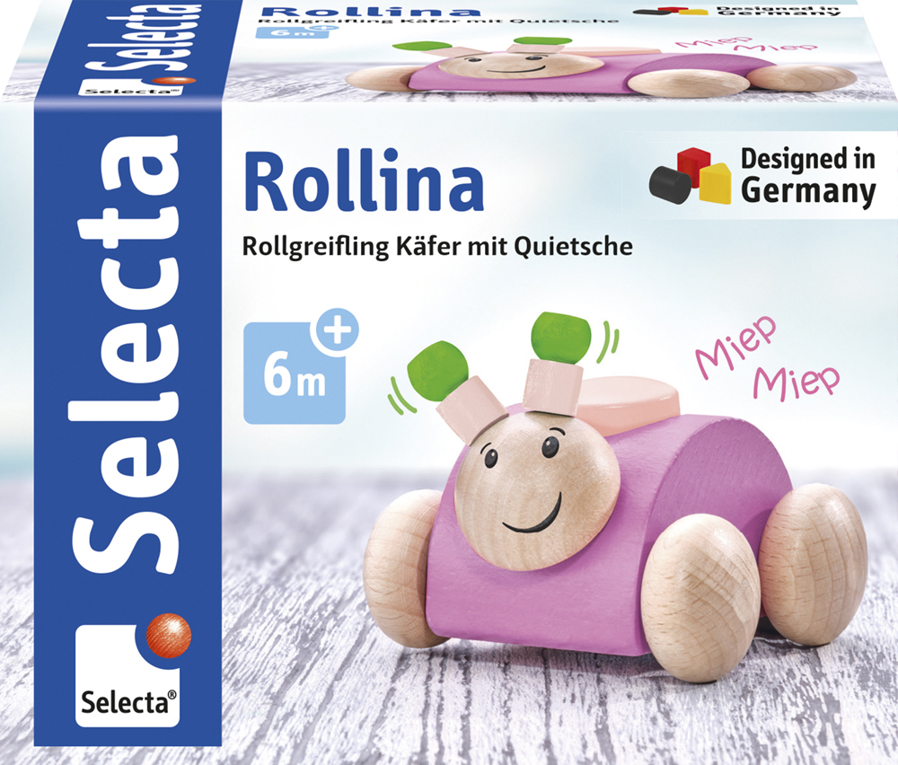 Jouet en bois rose en forme d'insecte avec un visage souriant, « Rollina » de Selecta, à partir de 6 mois.