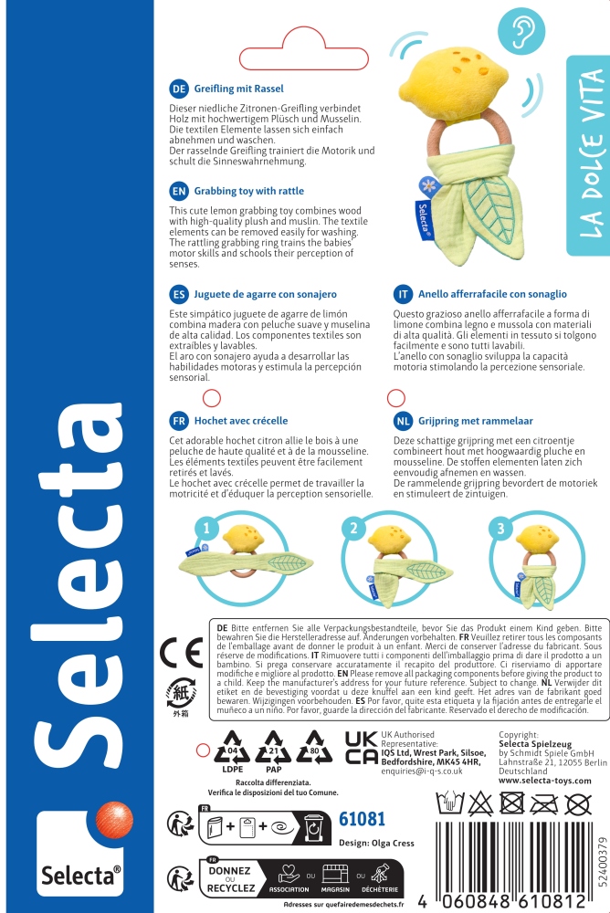 61081_limondo_hochet_carte-blister_back Hochet pour bébé en forme de citron avec des éléments souples ; l'emballage comprend un mode d'emploi en plusieurs langues.