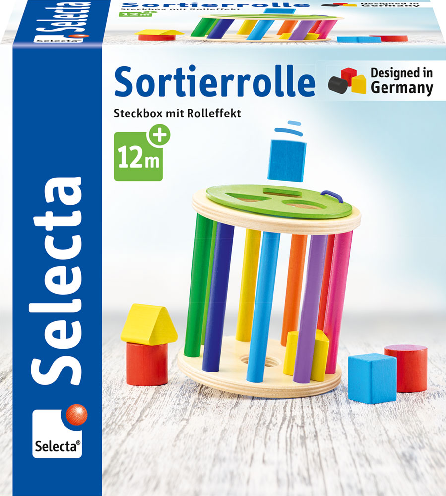 Boîte à formes cylindrique en bois avec des blocs colorés et un tambour à rouler, pour les enfants de 12 mois et plus.