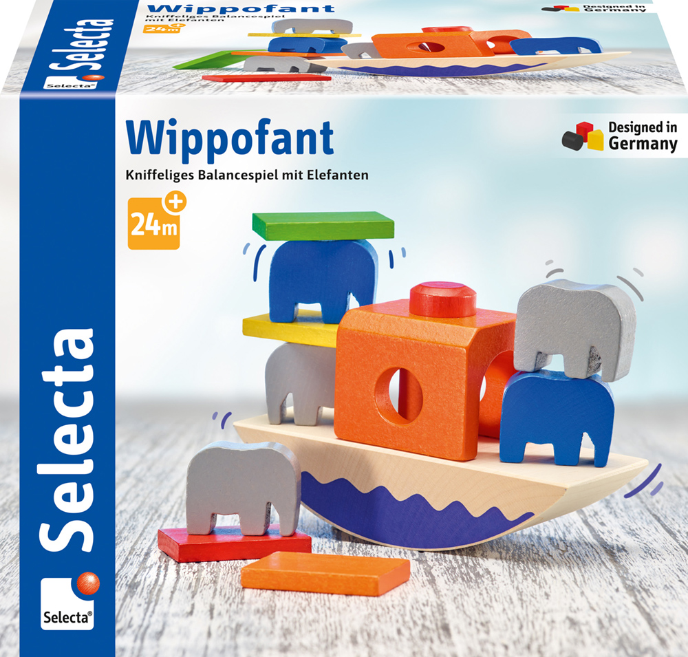 62020_Picknick_FS11_11_2019 Coffre à jouets Wippofant représentant un « Jeu d’équilibre délicat » avec des éléphants en bois colorés en équilibre sur un socle incurvé.