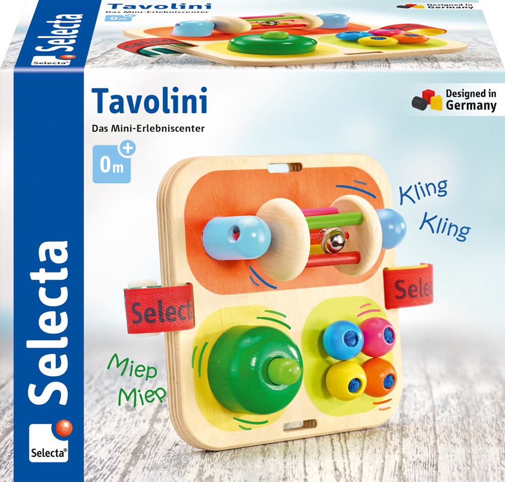 62020_Picknick_FS11_11_2019 Le centre d'activités en bois pour bébés, baptisé « Tavolini » par Selecta, est un « Planche Tableau d’activités » haut en couleur destiné aux tout-petits.