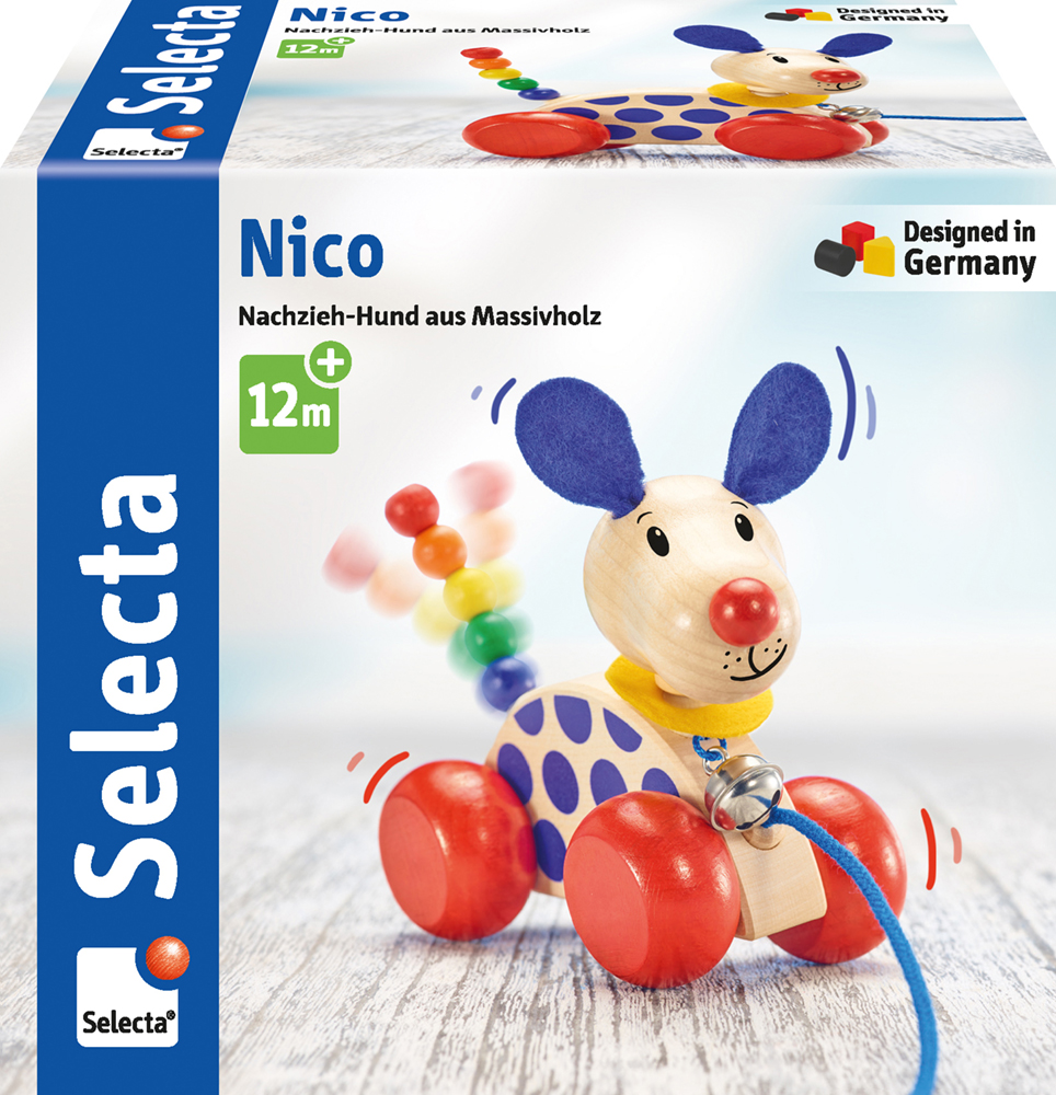 Boîte « Nico », chien à tirer en bois massif, avec des roues bleues, des perles colorées et le logo Selecta.