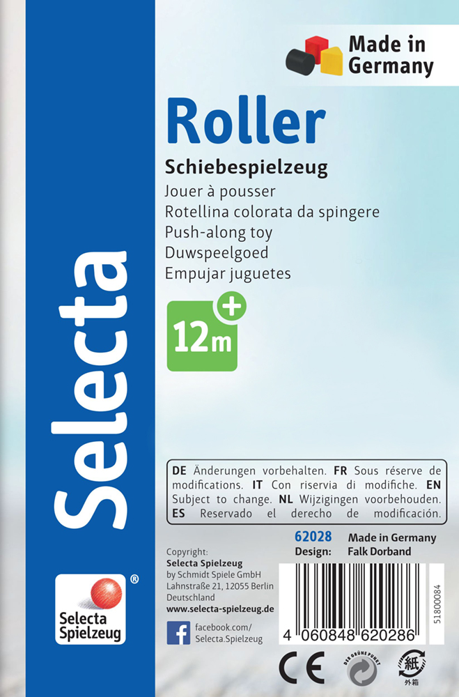 Jouer à pousser : jouet à roulettes à pousser de la marque Selecta, pour les enfants à partir de 12 mois, fabriqué en Allemagne.