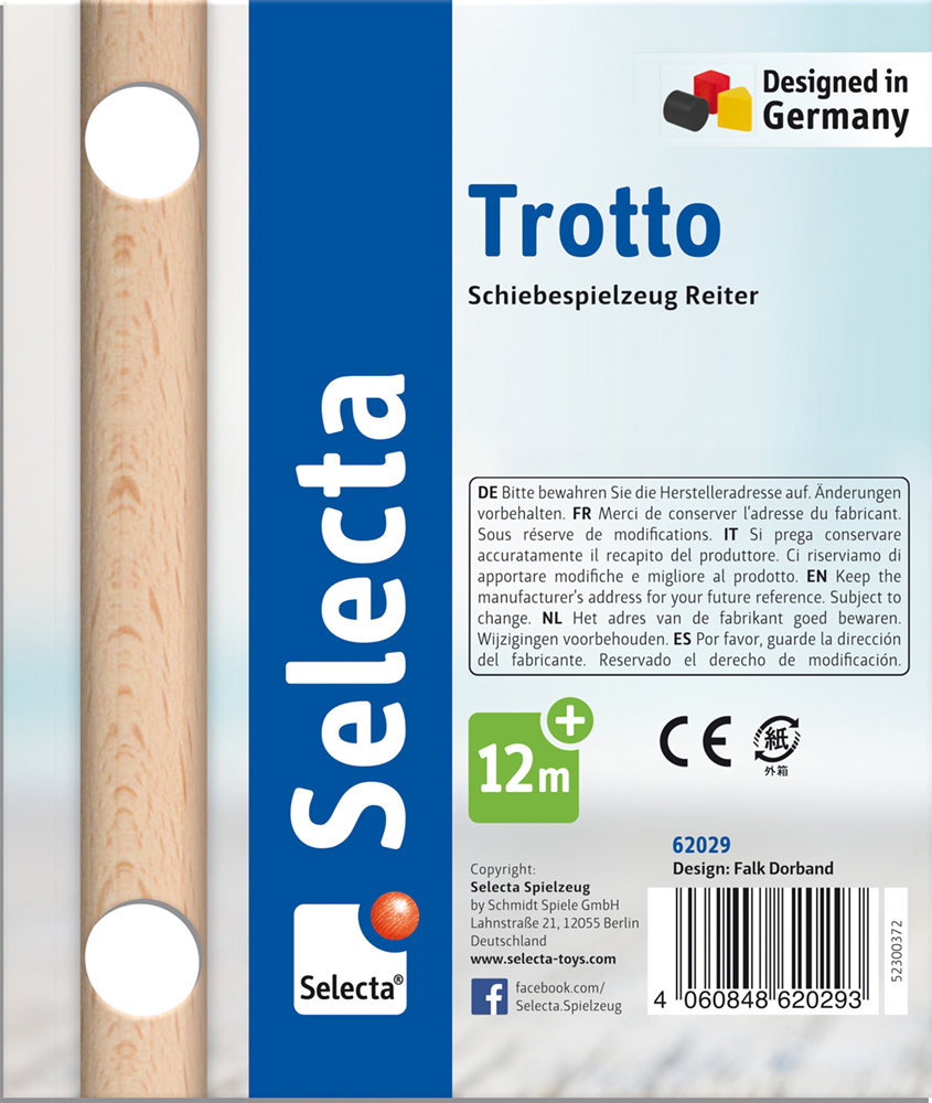 Étiquette du jouet en bois « Selecta Trotto Cavalier à pousser », indiquant l'âge recommandé (12 mois et plus), les mises en garde et le logo « Conçu en Allemagne ».