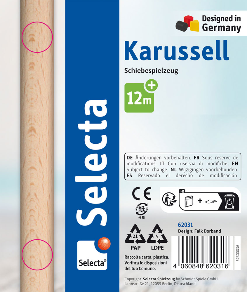 Emballage du jouet « Selecta Karussell » comportant des icônes, un code-barres et la mention « Designed in Germany » sur le côté droit.