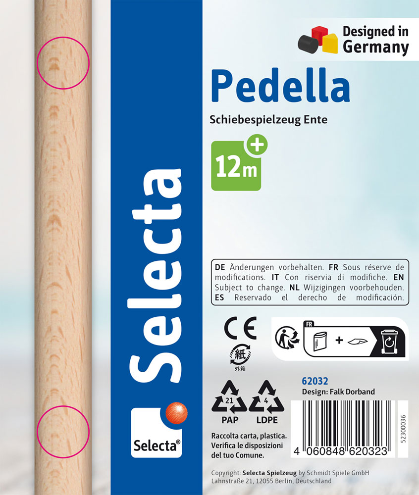 Emballage du jouet « Canard à pousser » de Pedella, comportant un texte en allemand, le logo Selecta et l'étiquette « Conçu en Allemagne », à partir de 12 mois.