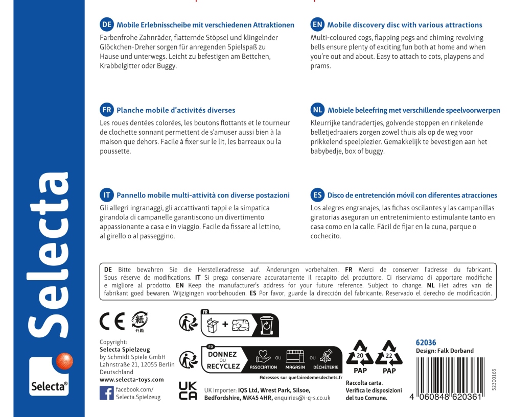 L'emballage du produit comporte des « Planche tableaux d’activités » et des informations multilingues, ainsi que le logo bleu Selecta à gauche.