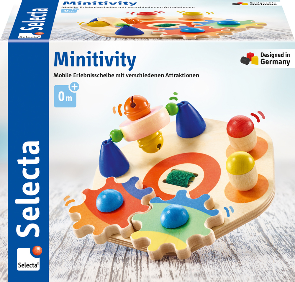 Planche d'activités en bois « Minitivity » de Selecta, avec des rouages colorés, des perles et des formes. Conçue en Allemagne.