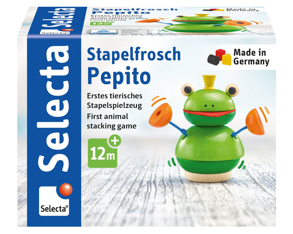 62041-grenouille-a-empiler-pepito-jouets-en-bois-p Coffret « Stapelfrosch Pepito » : jouet à empiler « Grenouille » avec figurine de grenouille verte ; à partir de 12 mois.