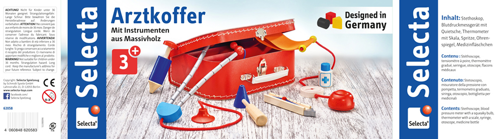 62058_malette-du-docteur-jouets-en-bois-banderole-RS-p Kit « Mallette du docteur » comprenant des instruments en bois, un sac rouge et des accessoires, recommandé pour les enfants à partir de 3 ans.