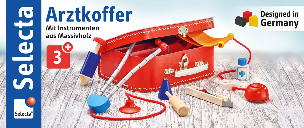 62058_malette-du-docteur-jouets-en-bois-banderole-VS-p Trousse de médecin : kit de jeu de docteur comprenant des instruments en bois, une trousse rouge et des accessoires, pour les enfants à partir de 3 ans.