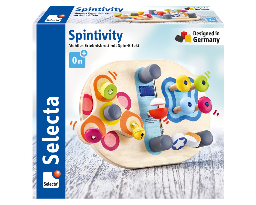 62064-spintivity-jouets-en-bois-p Coffre à jouets Selecta Spintivity avec un mobile d'activités en bois « Planche » composé de formes colorées et d'engrenages.