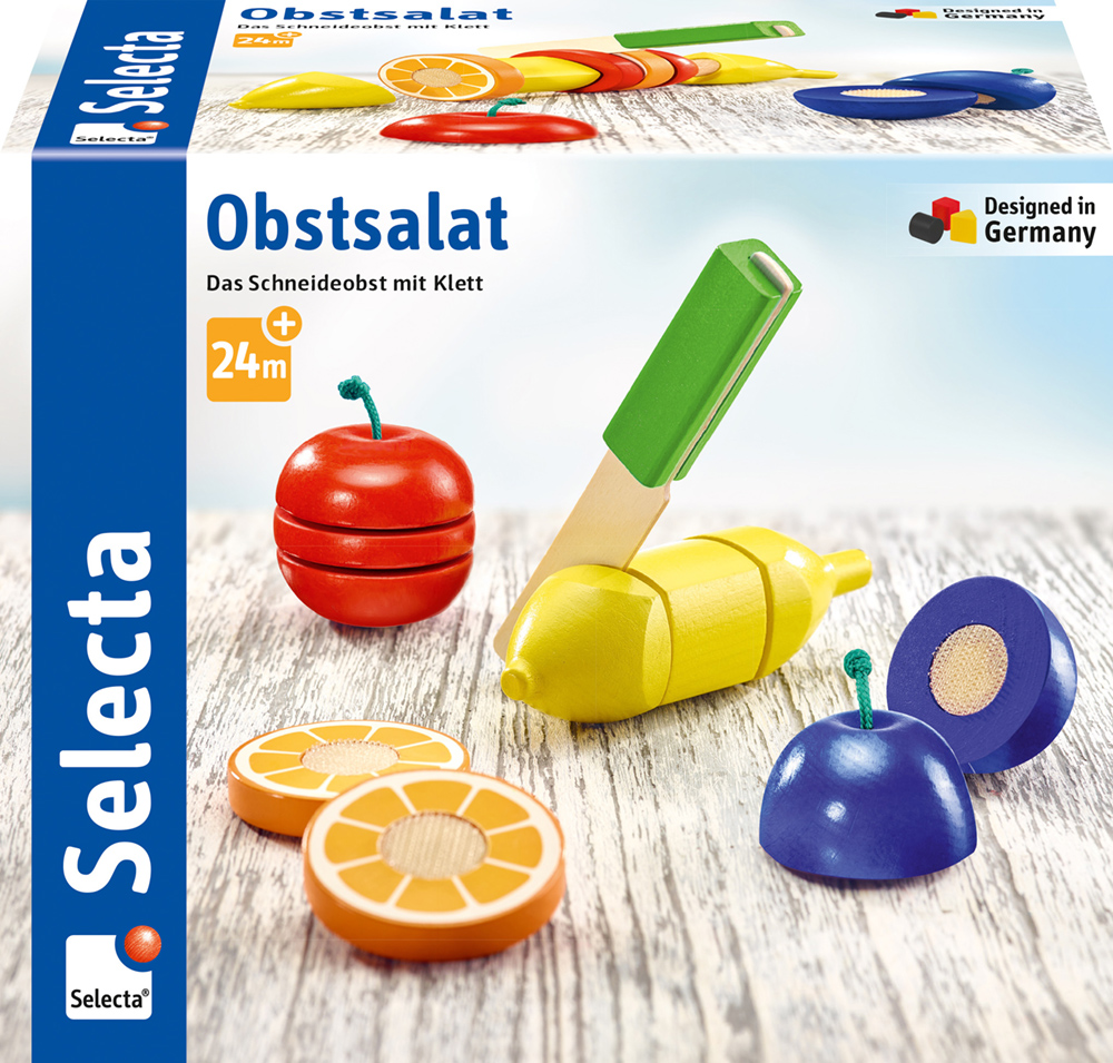 62020_Picknick_FS11_11_2019 Ensemble de salade de fruits factice comprenant un couteau en bois, des morceaux de fruits avec du velcro et le logo Selecta sur la boîte.