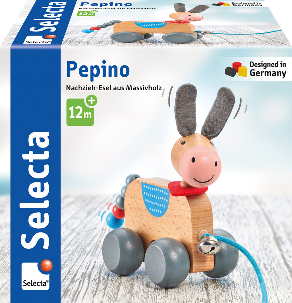 Coffret contenant un âne à tirer en bois massif nommé Pepino, adapté aux enfants à partir de 12 mois, de la marque Selecta.