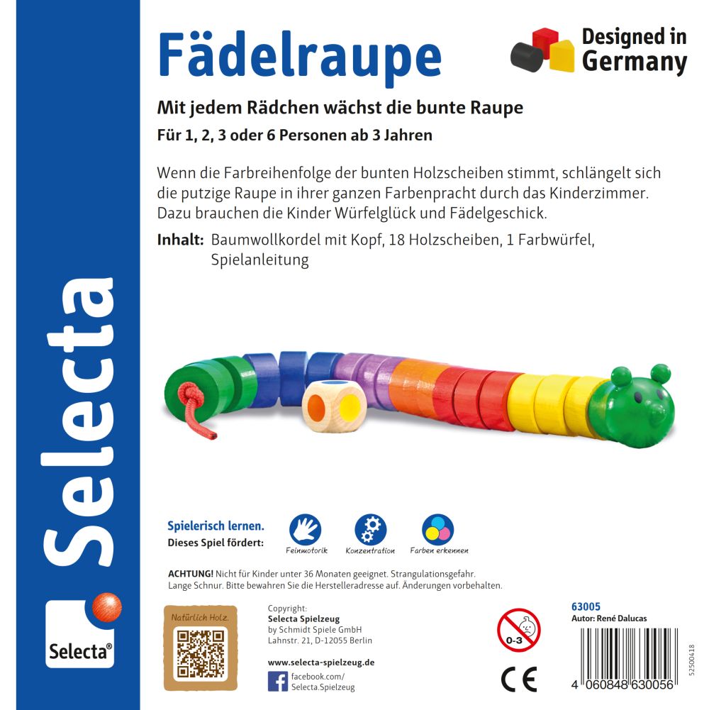 63005_chenille-a-enfiler-jouets-en-bois-p-bottom Jouet coloré en bois « Chenille à enfiler » en forme de chenille, muni de roues, dans son emballage ; description du jeu en allemand.