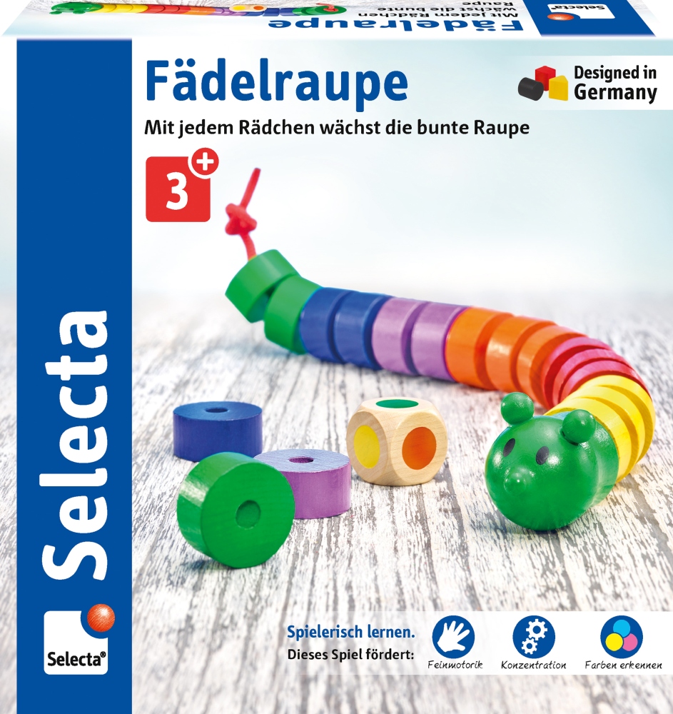 63005_Faedelraupe_ST05_Deckel_07_2019 Jouet coloré « Chenille à enfiler » en forme de chenille en bois avec des perles à enfiler, destiné aux enfants de 3 ans et plus, présenté dans un emballage allemand de la marque Selecta.