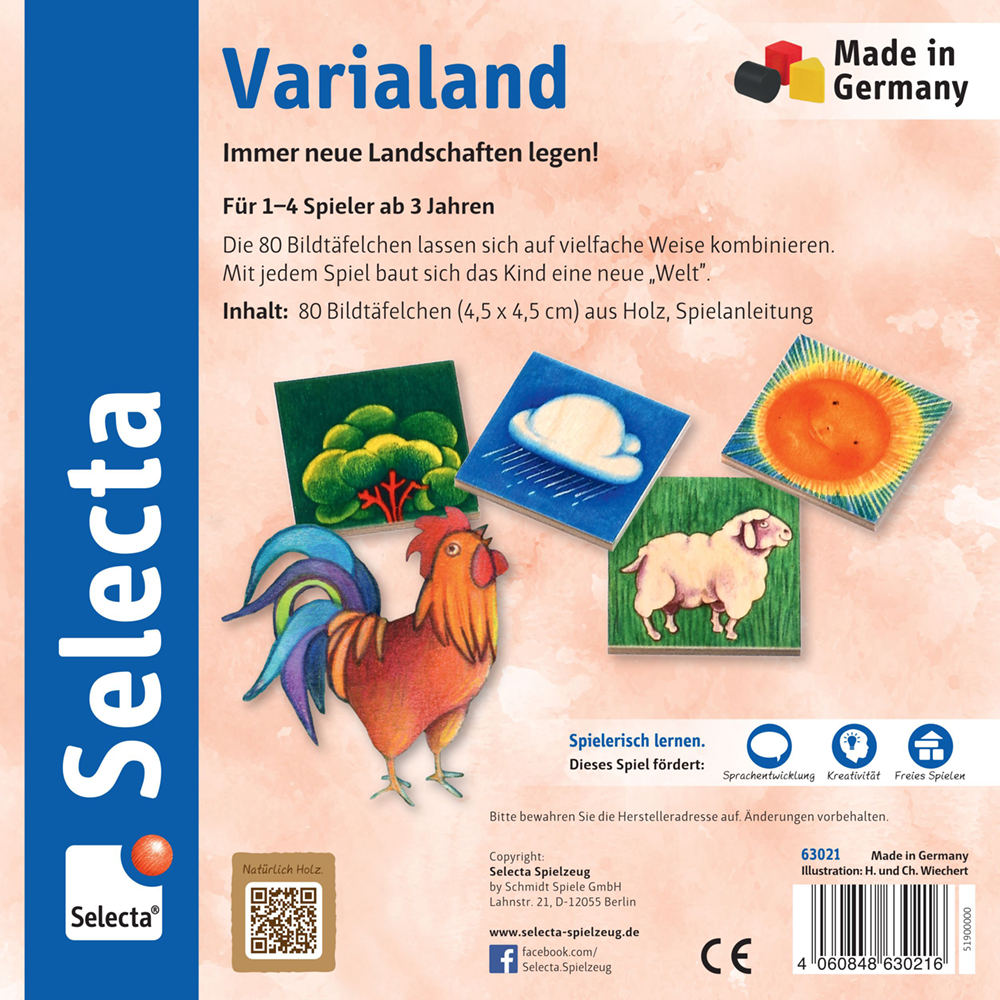 63021_varialand-jouets-en-bois-p-bottom Couverture de la boîte du jeu de pose « Varialand », représentant des tuiles en bois ornées d'illustrations d'animaux et de la nature.