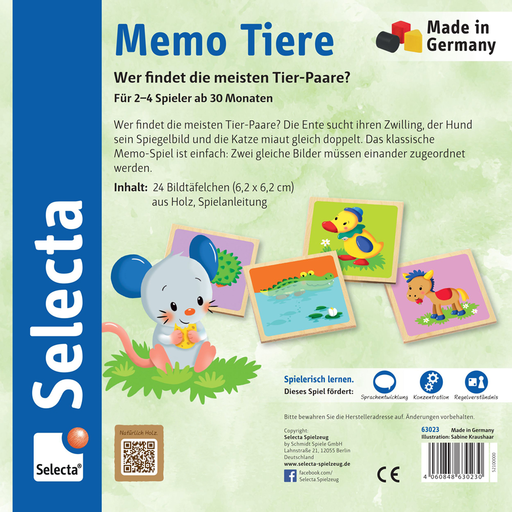 63023_memo-animaux-jouets-en-bois-p-bottom Boîte du jeu « Memo Tiere » avec « Mémo animaux », comportant des illustrations de souris, de canards et de chiens de style bande dessinée, ainsi que du texte en allemand.