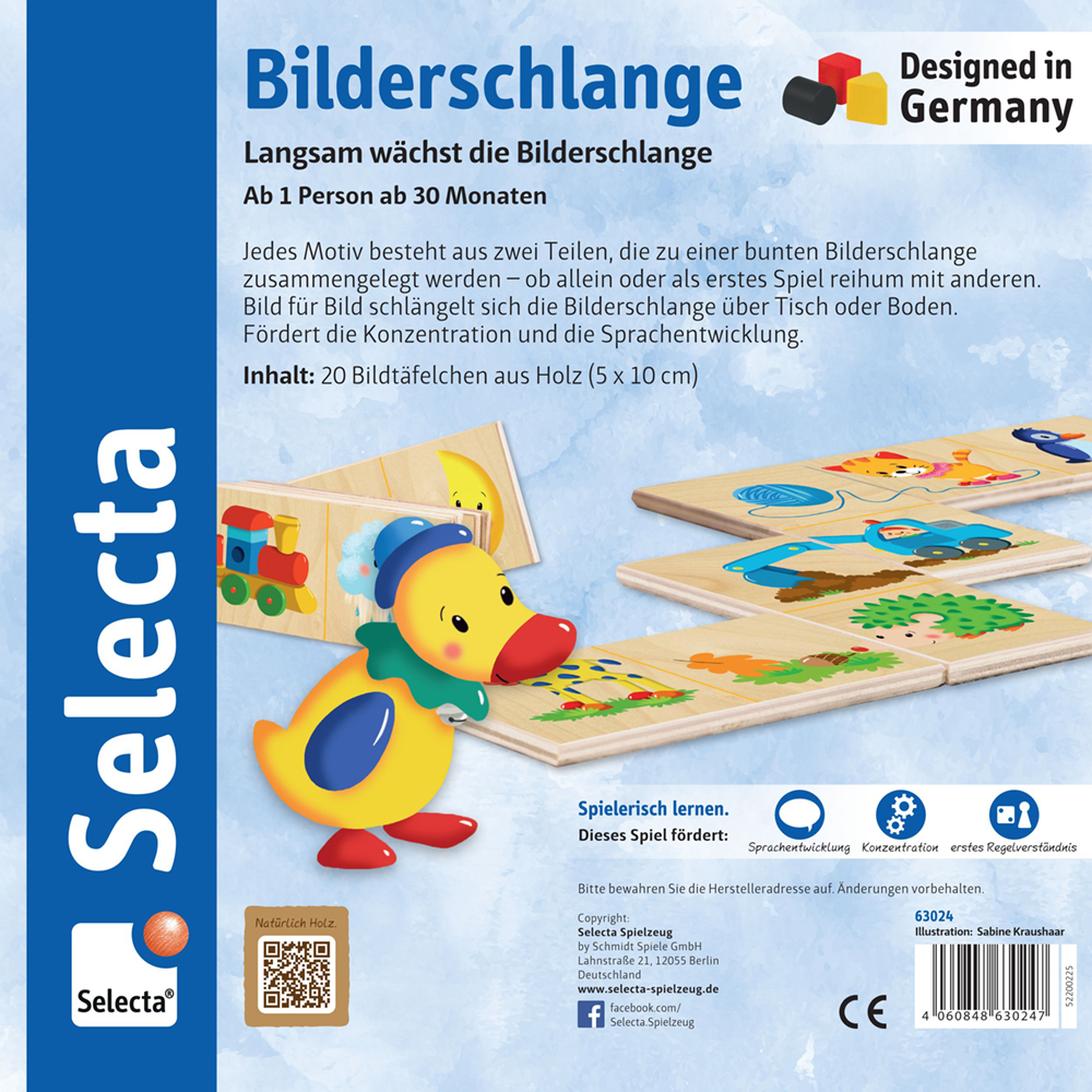Coffret de puzzles en bois colorés représentant un serpent, un canard et des fleurs, présenté dans une boîte bleue et blanche.