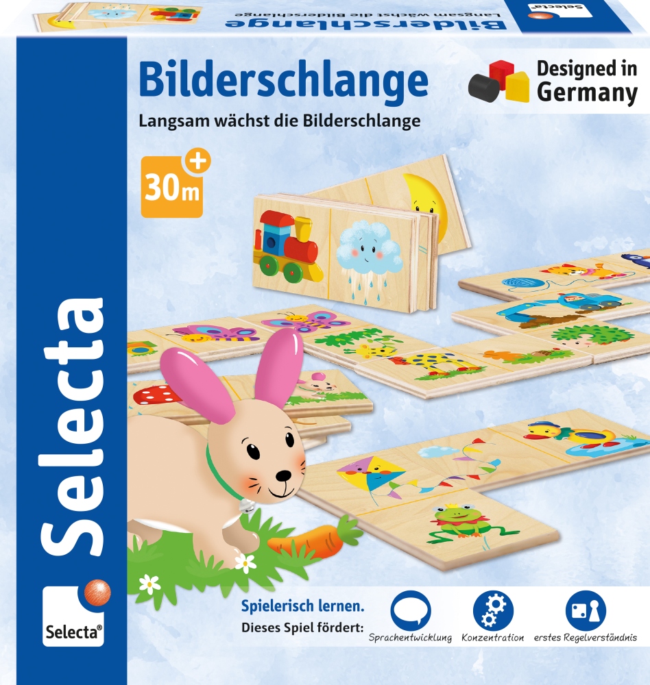 Boîte pour le jeu de puzzle « Bilderschlange » avec un lapin de bande dessinée et des tuiles en bois colorées ornées d'images.