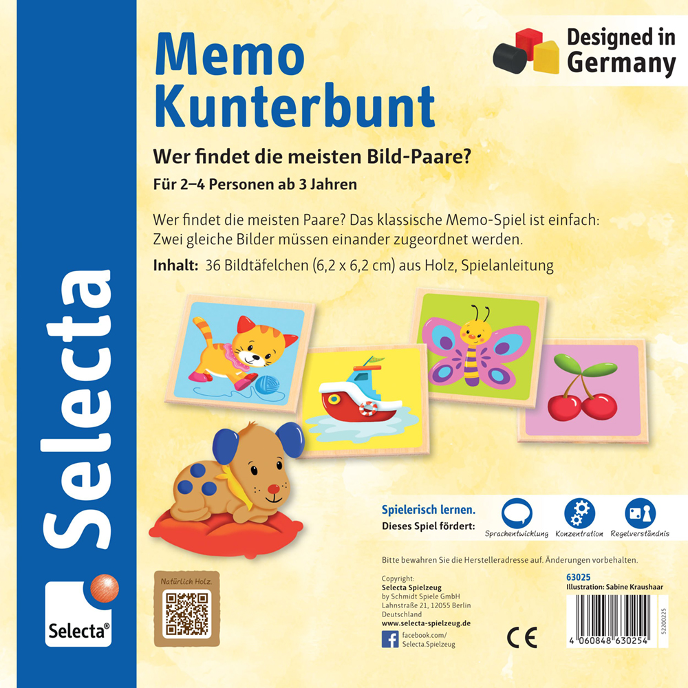 Quatre cartes illustrées aux couleurs vives : des enfants, un avion, un papillon et des cerises, sur une boîte « Mémo multicolore » jaune.