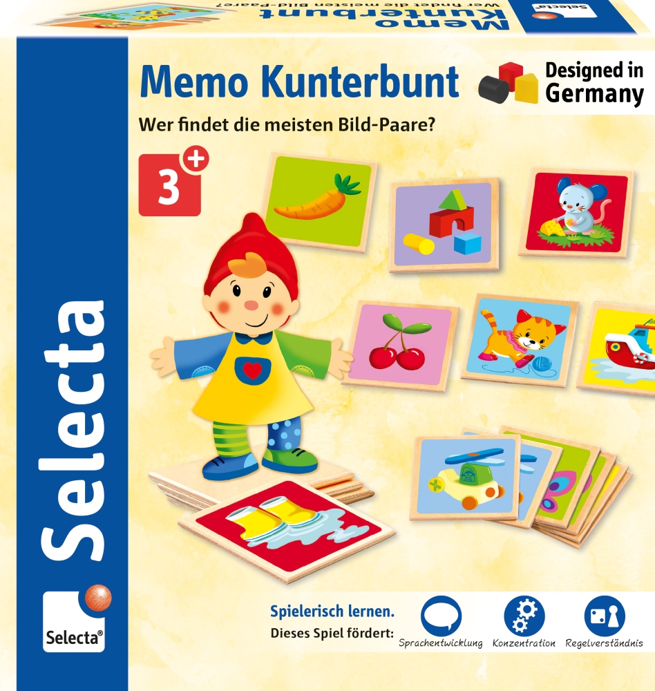 Boîte du jeu « Mémo multicolore Kunterbunt » avec une petite fille de dessin animé et des cartes colorées, à partir de 3 ans.