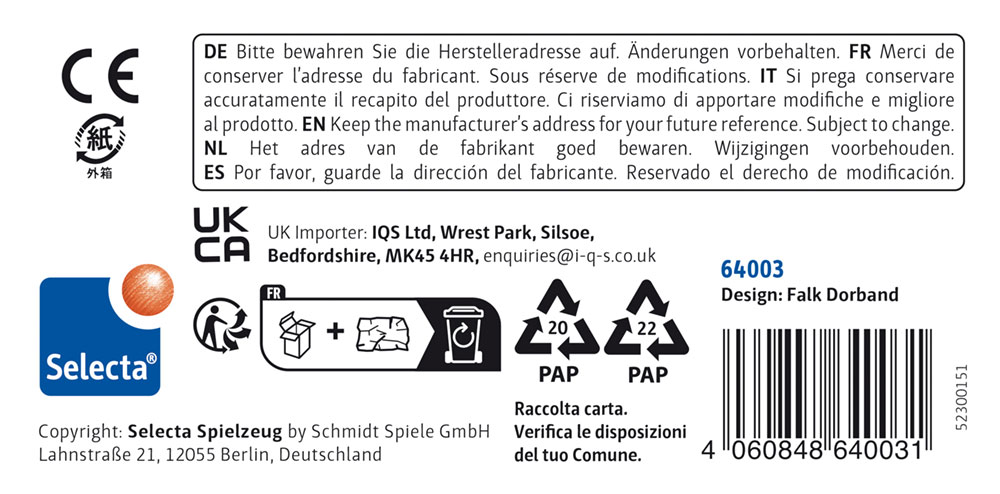 64003_nuages-roulants-gris-jouets-en-bois-p-bottom Étiquette de produit pour Selecta Spielzeug comportant un texte multilingue, des informations sur la fabrication, un code-barres et des certifications.