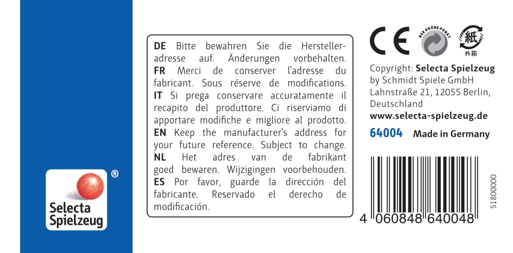 64004_petite-voiture-rapide-gris-jouets-en-bois-p-bottom Étiquette du produit comportant des consignes de conservation en plusieurs langues, le logo de l'entreprise, un code-barres et les coordonnées du fabricant.