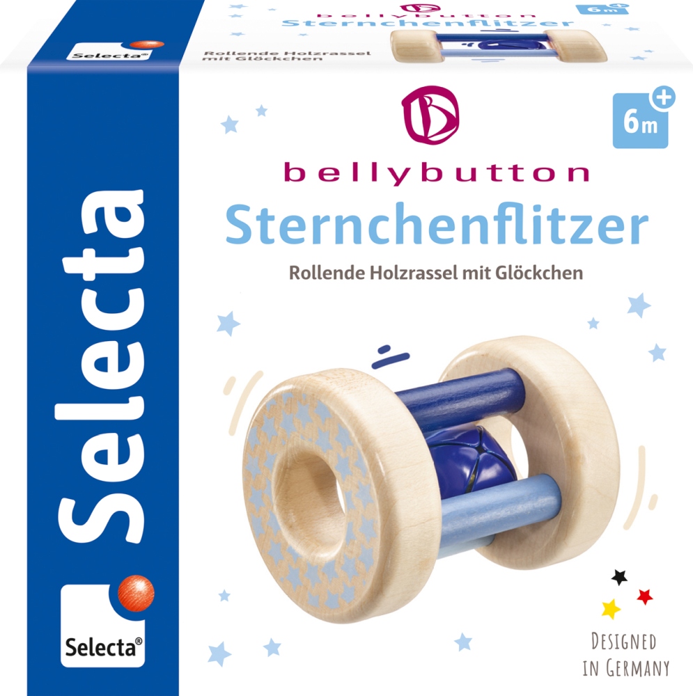 Boîte contenant un hochet en bois pour bébé avec des détails bleus, indiquant qu’il est destiné aux enfants à partir de 6 mois.