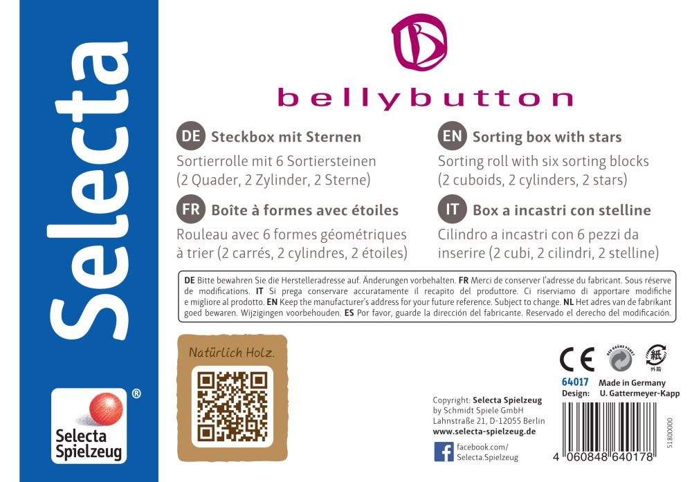 64017_rouleau-etoile-jouets-en-bois-p-bottom Emballage de jouet bleu et blanc comportant les informations sur le produit, le logo Selecta et le nom de la marque « Bellybutton » en rose.