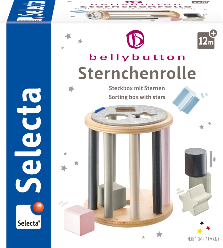 62076_Bauernhof_Klettini_FS50_09_2019 Jouet de tri cylindrique en bois comprenant des blocs en forme d'étoile et d'autres formes, recommandé à partir de 12 mois.