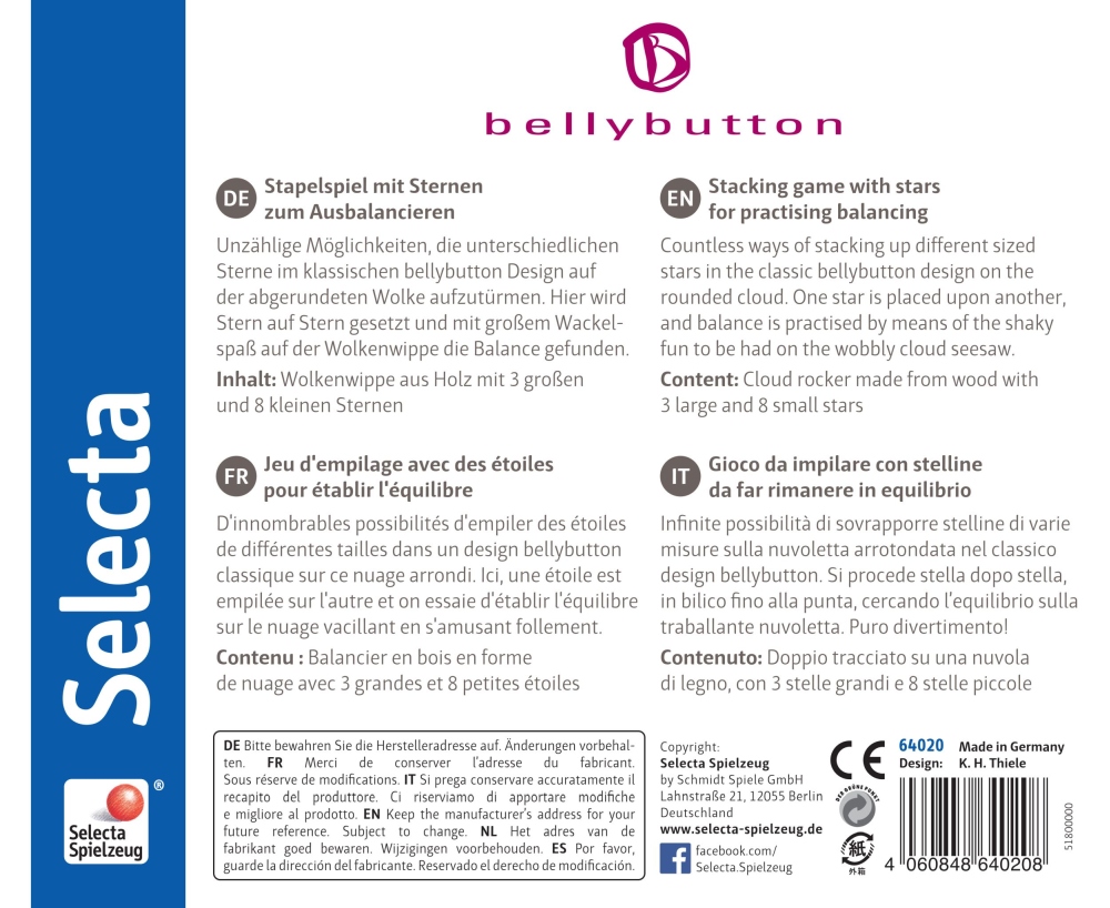 Dos de la boîte du jeu d'empilage « Stacking Game with Stars », comportant les instructions en quatre langues et le logo de la marque.