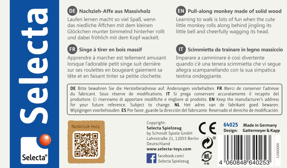 64025_danse-du-petit-singe-jouets-en-bois-p-bottom Étiquette d'emballage de jouet comportant la description du produit « Danse du petit singe » en quatre langues, avec le logo Selecta à gauche.