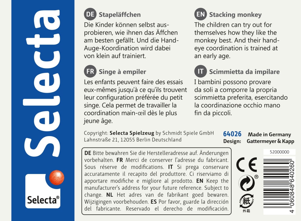 64026_singe-a-empiler-jouets-en-bois-p-bottom Étiquette de la boîte du jeu « Stacking Monkey » / « Singe à empiler » en quatre langues, avec des blocs et des logos bleus, blancs et gris.