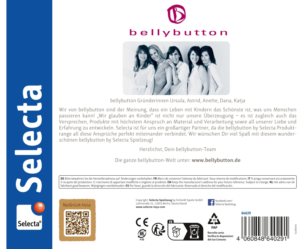 64029_jeu-d-etoiles-jouets-en-bois-p-bottom Une étiquette d'emballage de jouets Selecta, arborant le logo « Bellybutton » et comportant un texte en allemand sur le produit et ses fondateurs.